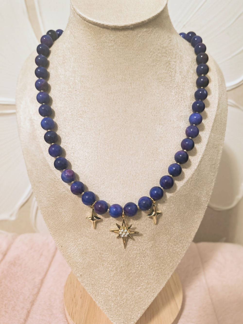 Handmade Natural Agate Painted Blue/Purple Beaded Star Pendant Necklace